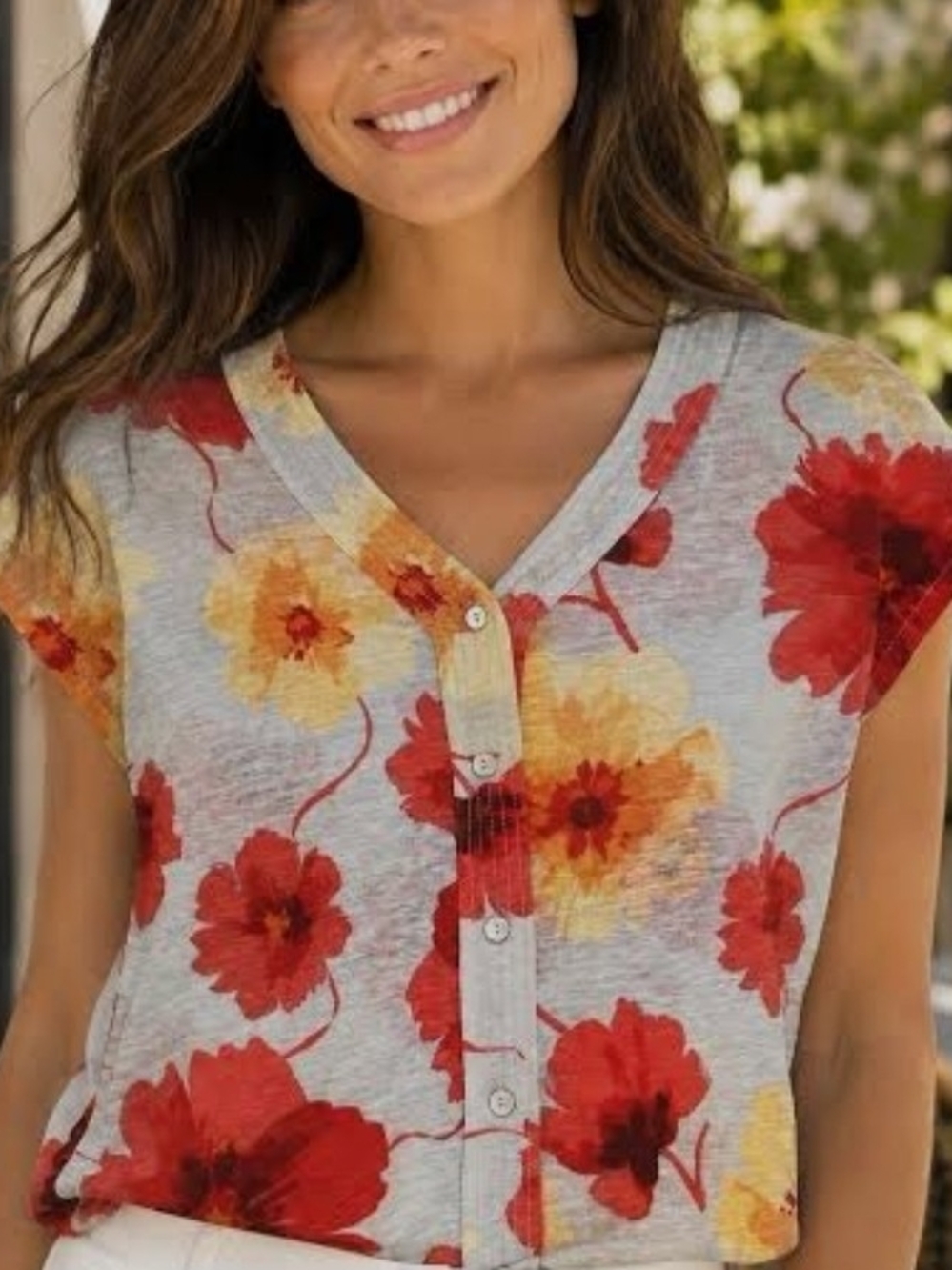 Joie Gray Button-Front Floral Top with Red & Yellow Flowers